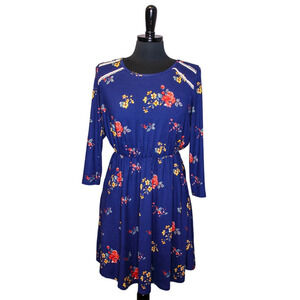 French Gray Floral Casual Dress 3/4 Length Sleeves Short Full Skirt Blue Size M